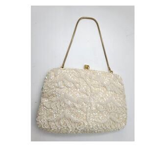Vtg White Seed Pearl Beads &  Iridescent Sequins Evening Bag Clutch Purse Hong K